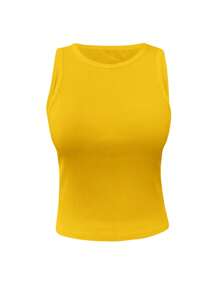 INAWLY Women's Solid Color Crew Neck Ribbed Casual Slim Fit Tank Top - Yellow - View 4