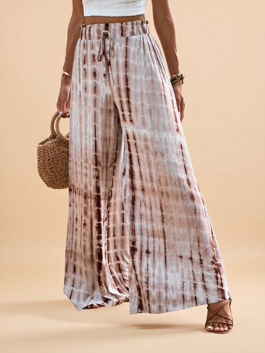 Travachic Vacation High Waist Tie-Dye Knit Wide-Leg Pants With Waist Belt Beach - Khaki - View 1