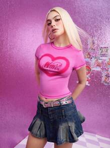 The Winx X SHEIN 女士心形字母图案圆领短袖T恤，适合夏季