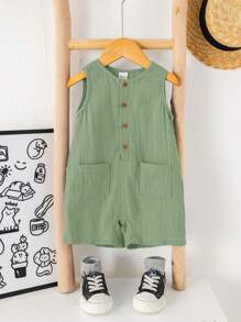 SHEIN 新生男婴夏季休闲度假可爱绿色无袖连体衣适合生日派对、晚会、表演、婚礼、满月庆祝、洗礼和第一个生日派对、婴儿洗礼 - 綠色 - 查看 5