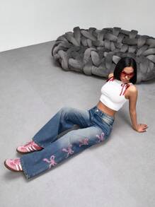 EURMUSE Casual Washed Butterfly Embroidery Wide Leg Jeans - Medium Wash - View 3