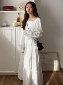 FRIFUL Women's White Long Waist Cinched Dress With Puff Sleeves, Sweet Style For Resort Wear, Spring,Fall Clothes Long Sleeve Dress - Beige - View 3