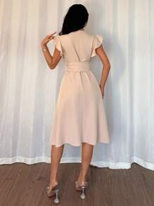 Islaluna Abito elegante da donna con scollo a V incrociato, maniche a volant e lacci, modello a-line, adatto per l'ufficio