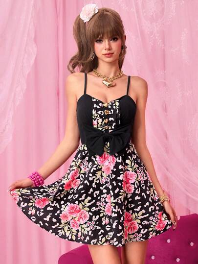 Kawaii Women's Y2K Patchwork Leopard Print & Rose Floral Pattern Slip Dress