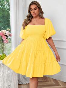 Flirla Plus Size Square Neck Ruffle Lantern Sleeve Mini A-Line Dress With Ruffled Hem, Cute Vintage Elegant Orange Bright Color Dress For Women - Yellow - View 6