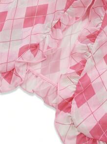 Plaid Front Slit Chest Ruched Ruffled Hem Cute Sweet Teenage Girls Camisole - Pink - View 5