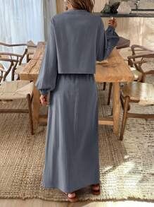 SHEIN LUNE Bộ 2 món áo sơ mi tay dài thắt nơ phía trước bằng vải kết cấu và chân váy midi - Màu xanh lam - Xem 2