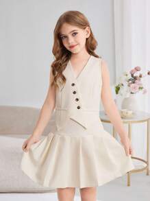 Conjunto de 2 piezas para chicas preadolescentes compuesto por top sin mangas de unicolor con botones asimétricos y falda plisada, color beige, ideal para volver al colegio, con estilo francés elegante y para ir de manera fashionable - Beis - Ver 8