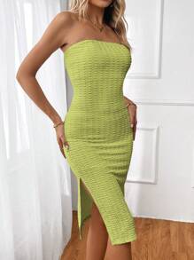 Firerie Women's Solid Color Strapless Side Slit Hem Fitted Fashion Dress - Avocado Green - View 4