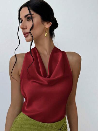 Firerie Blusa elegante minimalista para mujer con cuello drapeado y tirantes de amarre en color albaricoque