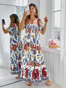 KURAYIA Plus Size Women's Floral Print Elegant Puff Sleeve Square Neck Shirred Waist Maxi Beach Holiday White Summer Boho Party Dress,Holiday - Multicolor - View 5