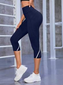 Easithlete Mallas/pantalones de yoga de unicolor con contraste de malla deportiva - Azul Marino - Ver 5