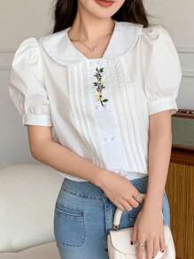 DAZY Women's Spring New Valentines Day Embroidered Floral Elegant Blouse - White - View 8