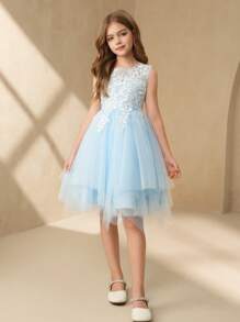 SHEIN Wedding Flower Girl Princess Tulle Dress, Tween Girl Formal Party Gown, Flower Girl Dress, Flower Girl Bridesmaid Dress, Girls Piano Recital Dress - Blue - View 4