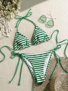 Swim Mod Women's Summer Beach Striped Halter Tie Sexy Bikini Swimsuit Set - Green - View 1