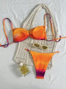 Swim Vcay Bộ bikini gợi cảm in họa tiết ombre cho nữ 2 món, áo hở cổ và quần lọt khe in họa tiết ombre có thể điều chỉnh, bộ bikini để tắm nắng, đi nghỉ, tiệc bơi - Nhiều màu - Xem 2