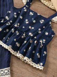 SHEIN Vintaside Kids 2 件套年轻女孩碎花盖袖上衣和阔腿裤夏季套装