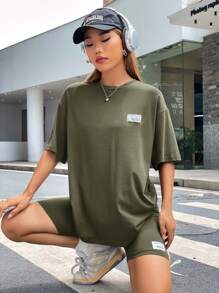 SHEIN EZwear Damska koszulka z dzianiny z odkrytymi ramionami i szortami, swobodny strój, lato