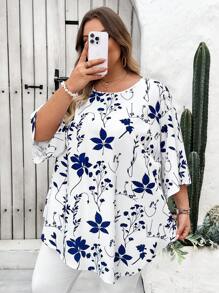 SHEIN CURVE+ CURVE Plus Size Casual Minimalist All-Over Print Shirt, Spring/Autumn, Curve Plus, Boho Vacation Beach Outfits For Woman/Beach /Beach Vacation Outfits/Beach Essentials / Graduation/Tea Party  - Multicolor - View 6