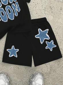SHEIN Tween Boys Casual Minimalist Letter Print Round Neck Short Sleeve T-Shirt And Shorts 2 Pieces Set, Suitable For Summer