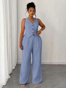 Maweii Plus Size Women Solid Color Short Vest And Wide Leg Pants 2 Pieces Set Formal Blue - Blue - View 3