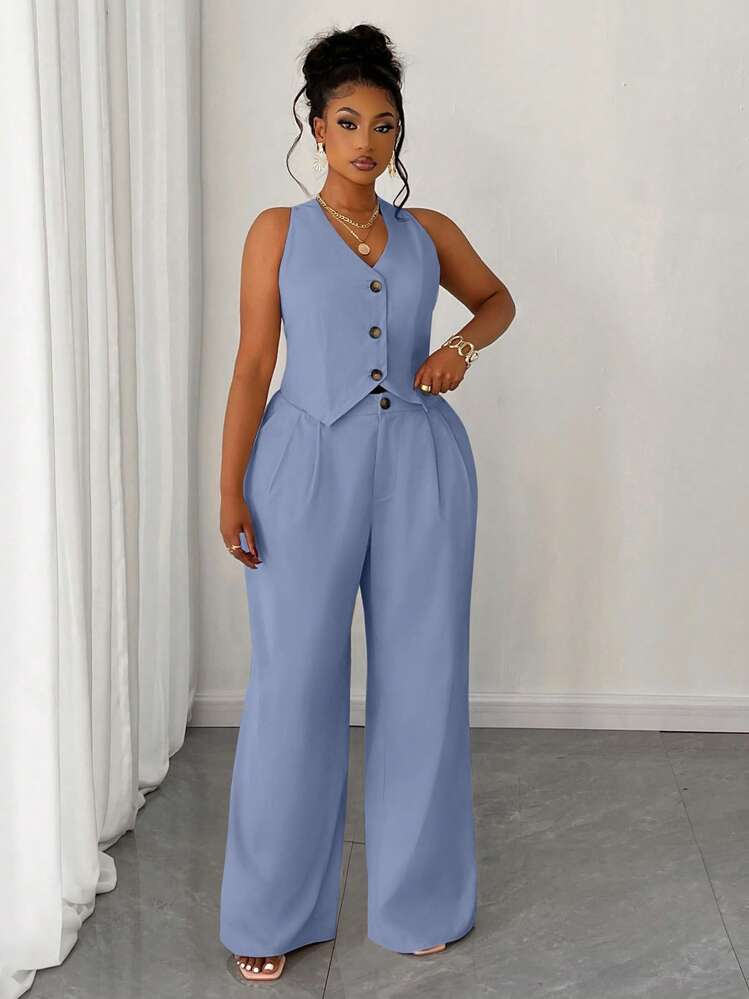 Maweii Ensemble 2 pièces grande taille pour femmes composé d'un gilet court unicolore et d'un pantalon large - Bleu azur - Voir 3