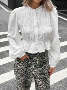 SHEIN Essnce Casual Women's Solid Color Ruffle Bell Sleeve Pleated Single Breasted Blouse