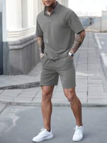 Manfinity CasualCool Men's Summer Casual Solid Color Short Sleeve Polo Shirt And Shorts Set
