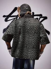 AXEPEAK Men's Leopard Print Zip Placket Short Sleeve Casual Shirt, Streetwear Edition - Grey - View 2