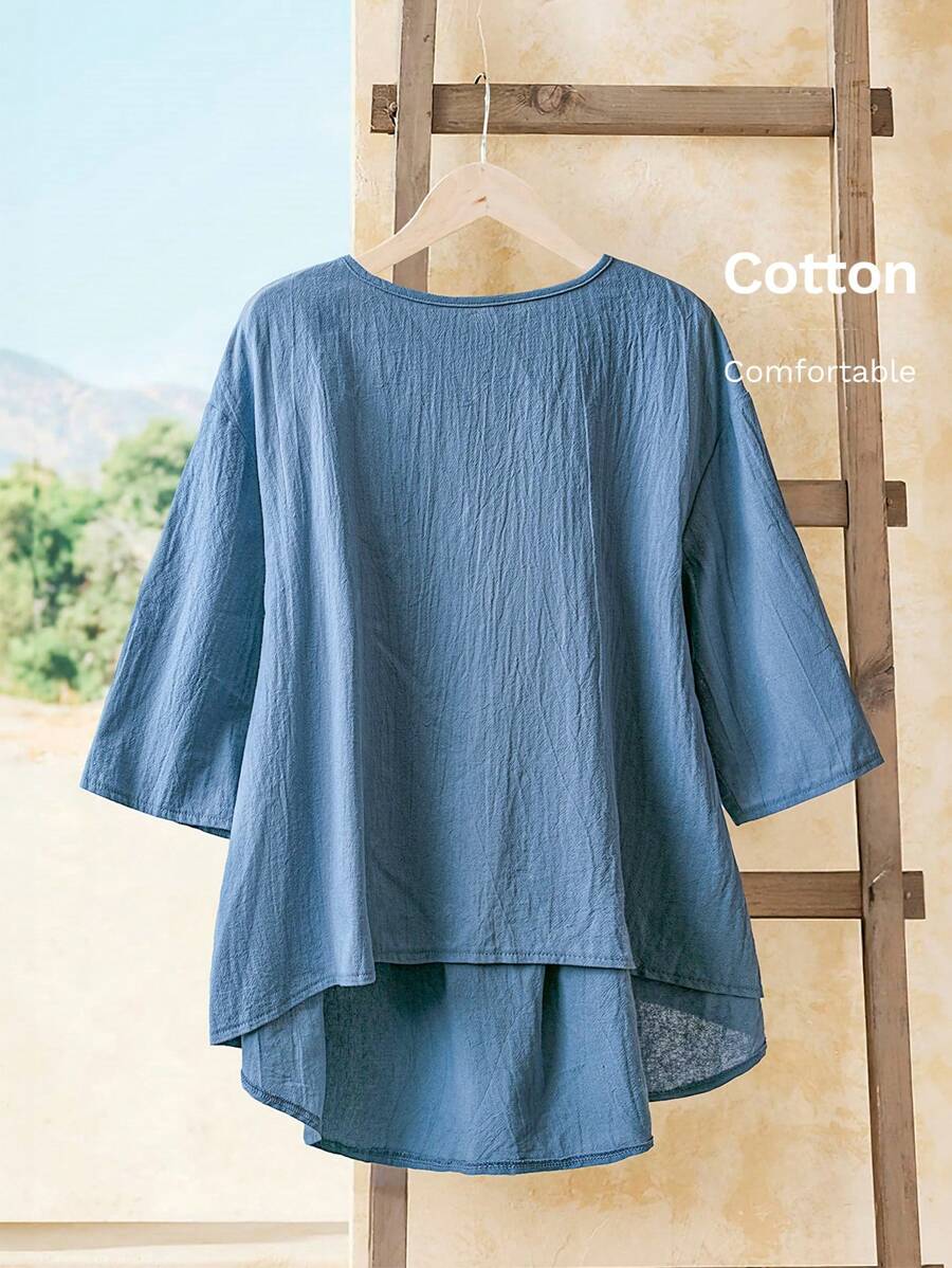 Rusticease Women's Solid Color Minimalist Fashion Blouse, Suitable For Summer - Blue - View 1