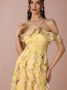 Enchnt Đầm dài hở vai in hoa thanh lịch cho nữ - Màu vàng - Xem 2