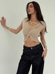 Aloruh Camiseta de mujer de cuello en V con manga retorcida para oficina y uso diario, nueva llegada de primavera/verano - Caqui - Ver 6