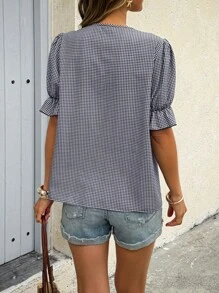 SHEIN PETITE Áo sơ mi kẻ sọc thêu hoa thường ngày cho kỳ nghỉ của phụ nữ - Đen và trắng - Xem 2