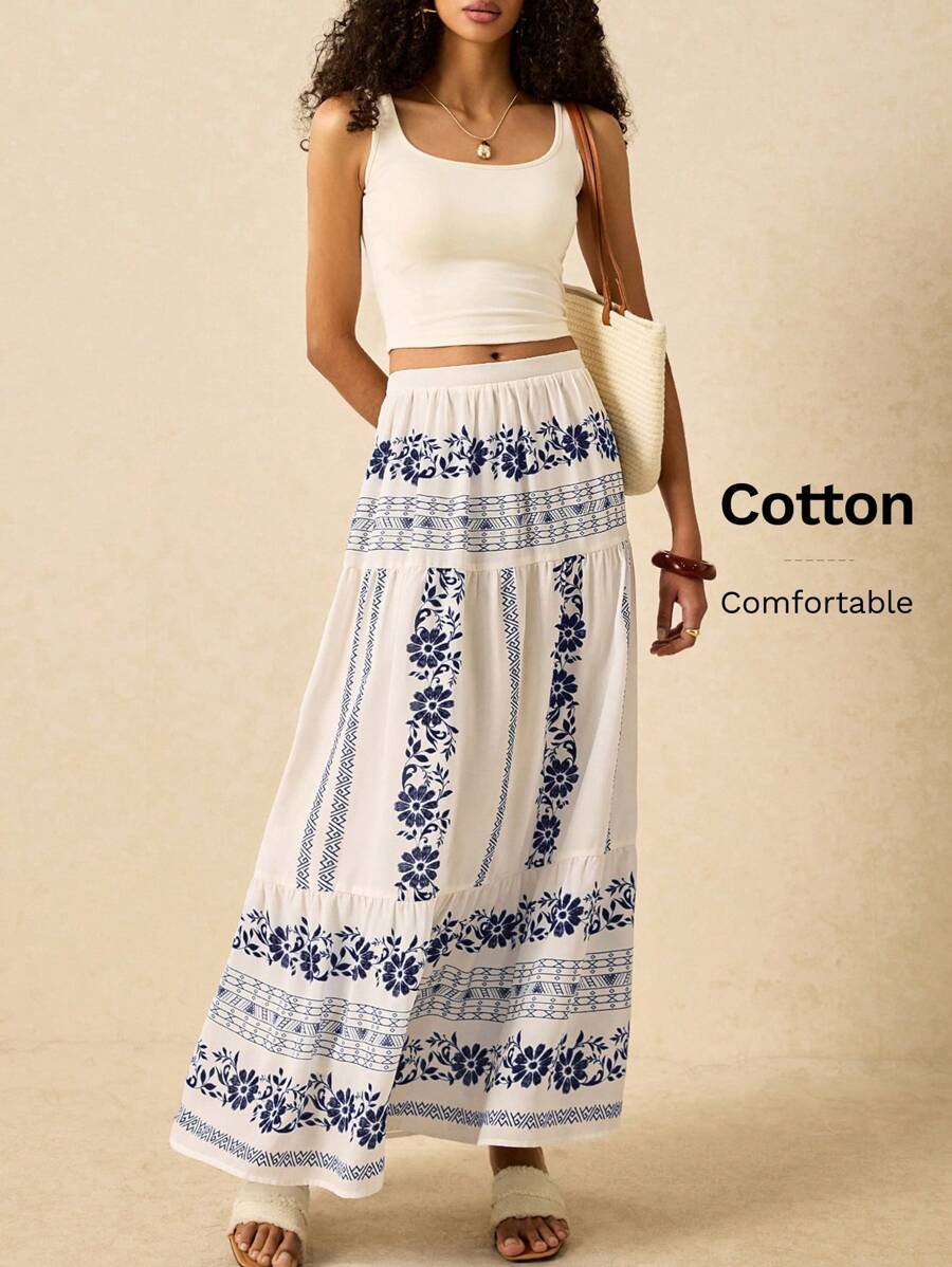 Poéselle 女士花卉印花长款休闲沙滩裙 - 白色 - 查看 1