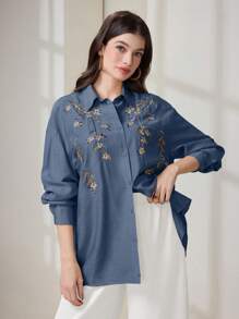Seusyu 女士优雅花卉刺绣前扣长袖衬衫 - 寶藍色 - 查看 3
