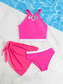 Teen Girls' Hollow Design Halter Tankini Swimsuit Set - Hot Pink - View 6