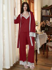 Côtesoire 3 Pieces Elegant Lace Patchwork Women's Pajama Set Holiday Season, Fall Clothes - Burgundy - View 5