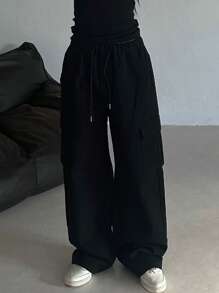 DAZY Pantalones sueltos, casuales y simples con bolsillo y nudo delantero de unicolor para mujer, para otoño - Negro - Ver 6
