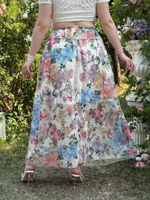 Lyrianda Plus Size Women Holiday Floral Print Elastic Waist Casual Skirt - Multicolor - View 4