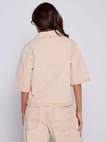 MUSERA Boxy Fit Collared Button Through Mid Sleeve Denim Top Only For Summer Western Vacation Streetwear Office Work Back To School Fall Autumn Winter Office Work Chic Spring - Khaki - View 2