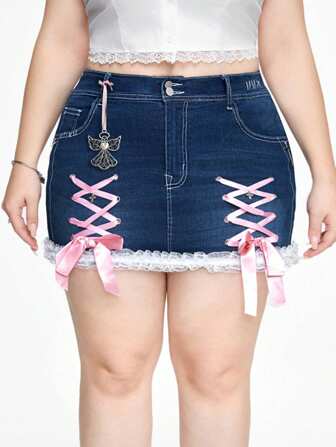Kawaii Jupe en jean moulante à lacets et poches, grande taille