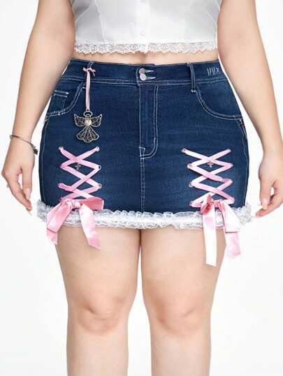 Kawaii Kurzer Denim Rock in großer Größe mit Schnürverschluss und Taschen