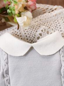 SHEIN 女婴长袖针织荷叶边领连体衣，带脚套，优雅蝴蝶结设计，适合秋冬季休闲/正式/旅行穿着，黄色和浅黄色