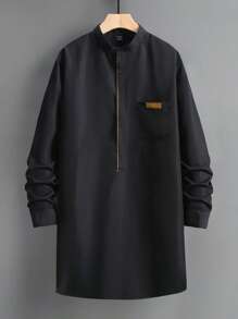 Manfinity Homme Men's Simple Solid Color Button-Up Loose Fit Long Sleeve Shirt - Black - View 1