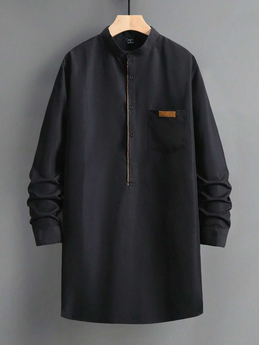 Manfinity Homme Men's Simple Solid Color Button-Up Loose Fit Long Sleeve Shirt - Black - View 1