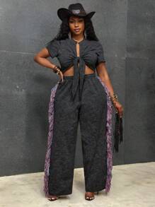 Slaydiva Conjunto de 2 piezas para mujer 2025 Nuevo, Vacaciones, Pascua, Graduación, Rave, Festival, Concierto, Fiesta de Cumpleaños, Casual Sexy: Top corto de manga corta con nudo delantero y pantalones largos holgados tipo maxi con bloques de color y flecos, Talla Grande Negro