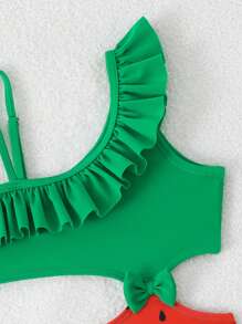 SHEIN Young Girl's Summer Resort Beach Contrast Color Splice Ruffled Hollow One-Piece Swimsuit Bathing Suits For Girls Kids - Multicolor - View 4