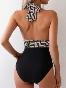 Swim Chiccia 女士几何印花低胸露背连体泳衣，性感迷人，适合度假穿着 - 彩色 - 查看 2