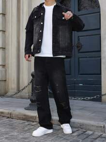 GALLERY FADE Men's Long Sleeve Single Breasted Distressed Denim Jacket And Denim Black Jeans Suit Hang Out Going Out Commute Work Urban, Fall Clothes