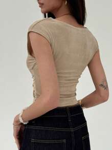 Aloruh Camiseta de mujer de cuello en V con manga retorcida para oficina y uso diario, nueva llegada de primavera/verano - Caqui - Ver 2